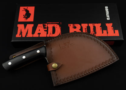 Precision Knives Samura Mad Bull Serbian Chefs Knife Black Handle in leather holder and box behind